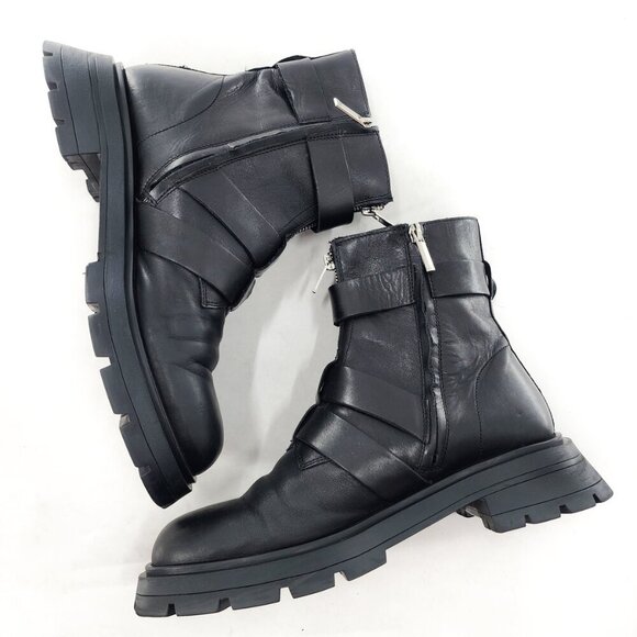 ZARA Leather Combat Moto Biker Ankle Boots ack Zip Buckles Black - Picture 7 of 10